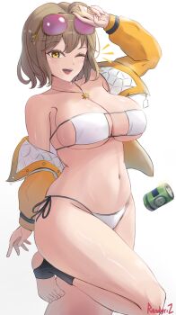 1girl ;o anis_(nikke) anis_(sparkling_summer)_(nikke) artist_name bikini breasts brown_hair can commentary drink_can english_commentary eyepatch_bikini eyewear_on_head goddess_of_victory:_nikke highres jacket large_breasts looking_at_viewer navel official_alternate_costume one_eye_closed randgriz96 short_hair simple_background smile solo stomach swimsuit thighs underboob white_background white_bikini yellow_jacket