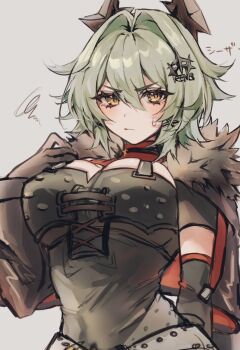 1girl armor black_gloves black_horns black_sleeves breastplate breasts caesar_king_(zenless_zone_zero) closed_mouth commentary_request detached_sleeves fake_horns fur-trimmed_jacket fur_trim gloves grey_background grey_hair hair_intakes hair_ornament hairpin hand_on_own_chest highres horned_headwear horns jacket large_breasts looking_at_viewer solo ss4xl sweat sweatdrop yellow_eyes zenless_zone_zero