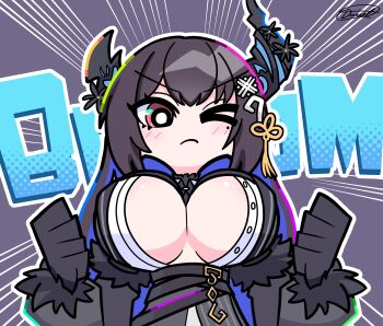 1girl asymmetrical_horns black_gloves black_hair breast_expansion breasts bursting_breasts cleavage clenched_hands closed_mouth commentary demon_horns english_commentary feather-trimmed_jacket flower from_below gloves hair_ornament hands_up highres hololive hololive_english horn_flower horns huge_breasts light_blush long_hair looking_at_viewer mole mole_under_eye nerissa_ravencroft nerissa_ravencroft_(1st_costume) one_eye_closed open_clothes popped_button red_eyes ribbed_shirt shiny_skin shirt sico_de_seraph solo uneven_horns upper_body virtual_youtuber white_shirt