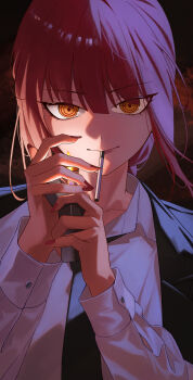 Rule 34 | 1girl, absurdres, black jacket, black necktie, chainsaw man, cigarette, collared shirt, evelyn (evelyn s072), fingernails, fire, highres, holding, holding lighter, jacket, jacket on shoulders, lighter, long fingernails, long hair, long sleeves, looking at viewer, makima (chainsaw man), nail polish, necktie, orange eyes, red hair, red nails, ringed eyes, shirt, solo, upper body, white shirt