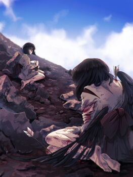 2girls arrow_(projectile) arrow_in_body barefoot black_feathers black_hair black_sash black_wings bleeding blood blue_sky blurry brown_eyes cloud commentary_request commission depth_of_field dirt dirty dirty_clothes dirty_feet feathered_wings feathers fujiwara_no_mokou fujiwara_no_mokou_(young) grey_kimono grey_shirt highres hourai_elixir injury japanese_clothes kimono looking_at_another mokoiscat multiple_girls pointy_ears rock sash shameimaru_aya shirt short_hair skeb_commission sky torn_clothes touhou wings