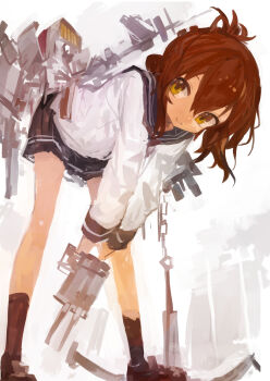 1girl absurdres bent_over black_shoes black_socks brown_hair folded_ponytail hair_between_eyes highres holding inazuma_(kancolle) kaamin_(mariarose753) kantai_collection long_sleeves miniskirt pleated_skirt rigging sailor_collar school_uniform serafuku shoes simple_background skirt smile socks solo standing yellow_eyes