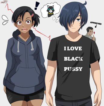 1girl 2boys absurdres blank_stare cat dark-skinned_female dark_skin embarrassed highres imagining karbuitt miyamoto_kazushi morgana_(cat)_(persona_5) morgana_(persona_5) multiple_boys nishiwaki_yuuko persona persona_3 persona_5 print_shirt shirt surprised sweatdrop sweater t-shirt thumbs_up yuuki_makoto_(persona_3)