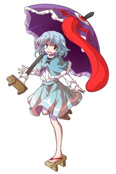 1girl alphes_(style) blue_capelet blue_eyes blue_hair blue_skirt brown_sandals capelet commentary_request dairi full_body fur-trimmed_capelet fur_trim geta heterochromia highres holding holding_umbrella karakasa_obake large_variant_set long_sleeves looking_at_viewer open_mouth parody pleated_skirt purple_umbrella red_eyes sandals shirt shirt_tucked_in short_hair simple_background skirt solo standing standing_on_one_leg style_parody tachi-e tatara_kogasa tearing_up tongue touhou transparent_background umbrella variant_set white_shirt