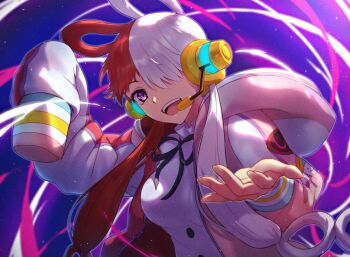 Rule 34 | 1girl, black necktie, black ribbon, blue background, breasts, buttons, cloud print, commentary request, dress, fingernails, hair over one eye, hair rings, hands up, headset, hood, hooded jacket, jacket, long hair, long sleeves, looking at viewer, low twintails, magic, medium breasts, microphone, multicolored hair, multicolored jacket, necktie, one piece, open clothes, open jacket, open mouth, pink jacket, puffy long sleeves, puffy sleeves, purple eyes, rainbow print, red hair, red jacket, ribbon, rune (rne at), simple background, smile, solo, teeth, tongue, twintails, two-tone hair, upper body, uta (one piece), white dress, white hair, white jacket