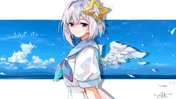 1girl absurdres amane_kanata angel_wings aqua_wings asymmetrical_bangs blue_neckerchief blue_sailor_collar bob_cut closed_mouth commentary_request feathered_wings gradient_wings halo highres hololive looking_at_viewer multicolored_wings neckerchief sailor_collar shirt short_hair short_sleeves single_hair_intake solo star_halo tilted_halo u_da_desu white_hair white_shirt white_wings wings yellow_halo