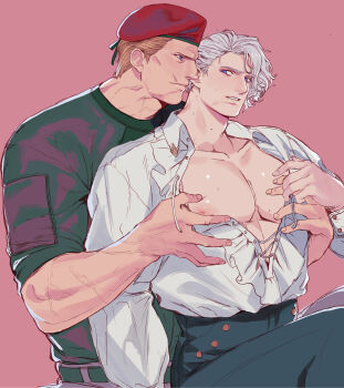 2boys absurdres bara belt beret black_belt black_pants black_shirt blonde_hair closed_mouth collared_shirt grey_pants hat highres jack_krauser large_pectorals leon_s._kennedy looking_at_another male_focus multiple_boys muscular muscular_male nipples official_alternate_costume on_(isk1812) pants pectorals resident_evil resident_evil_4 resident_evil_4_(remake) shirt short_hair white_hair white_shirt yaoi