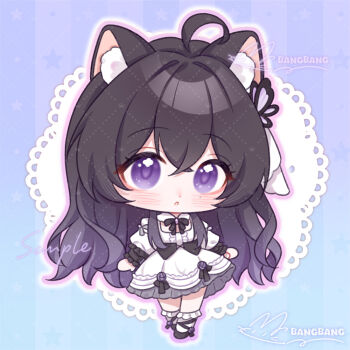 1girl :o ahoge animal_ear_fluff animal_ears black_bow black_bowtie black_hair black_shoes blue_background blush bow bowtie cat_ears cat_girl chibi chibi_only chinese_commentary commentary_request crossed_bangs double-parted_bangs dress full_body hair_between_eyes long_hair long_sleeves mihuashi_60597 open_mouth original outline pink_outline purple_eyes sample_watermark shoes signature socks solo standing watermark white_dress white_socks