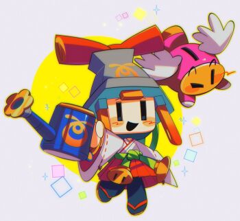 1girl blush_stickers connie_(mario) grey_background hakama hakama_skirt highres holding holding_watering_can japanese_clothes kosode long_sleeves mario_&amp;_luigi:_brothership mario_&amp;_luigi_rpg mario_(series) miko nintendo open_mouth petzcatz2 red_hakama ribbon-trimmed_sleeves ribbon_trim skirt smile snoutlet_(mario) sparkle watering_can wide_sleeves wings