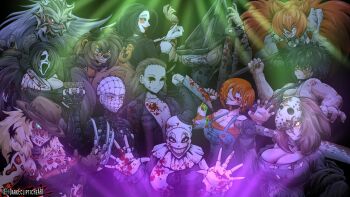 6+girls a_nightmare_on_elm_street absurdres art_the_clown bald bald_female bishoujo_terror blonde_hair blood blood_on_clothes blood_on_face blood_on_hands bloody_weapon breasts character_request child&#039;s_play chucky chucky_(kotobukiya_bishoujo) clown copyright_request crossover darkeclipticheart evil_grin evil_smile five_nights_at_freddy&#039;s freddy_fazbear freddy_krueger freddy_krueger_(bishoujo_terror) friday_the_13th genderswap genderswap_(mtf) ghostface green_eyes grin halloween halloween_(movie) hammer hellraiser highres holding holding_hammer holding_knife holding_weapon it_(stephen_king) jason_voorhees jason_voorhees_(kotobukiya_bishoujo) jeepers_creepers jigsaw_(character) knife kotobukiya_bishoujo large_breasts leatherface leatherface_(kotobukiya_bishoujo) long_hair michael_myers michael_myers_(bishoujo_terror) multiple_girls pennywise pennywise_(kotobukiya_bishoujo) pinhead pyramid_head red_eyes rubbing_nose saw_(movie) scream_(movie) shirt short_hair silent_hill_(series) smile terrifier the_creeper the_texas_chainsaw_massacre very_long_hair weapon yellow_eyes
