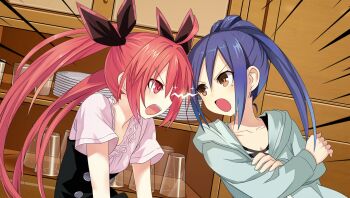 2girls ahoge blue_hair brown_eyes collarbone crossed_arms cup date_a_live date_a_live:_spirit_pledge dress drinking_glass emphasis_lines game_cg hair_between_eyes hair_ribbon highres hood hoodie itsuka_kotori lightning_glare long_hair mole mole_under_eye multiple_girls official_art open_mouth plate plate_stack ponytail red_hair ribbon short_sleeves takamiya_mana third-party_source twintails v-shaped_eyebrows