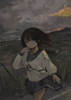 1girl absurdres blue_neckerchief blue_sailor_collar blue_skirt bright_pupils brown_hair closed_mouth cloud commentary eliot_(eokaitekaite969) evening grass grey_eyes grey_sky highres looking_at_viewer mountainous_horizon neckerchief orange_sky original outdoors overcast pleated_skirt power_lines rice_paddy rural sailor_collar scenery school_uniform serafuku short_hair skirt sky utility_pole white_pupils white_serafuku