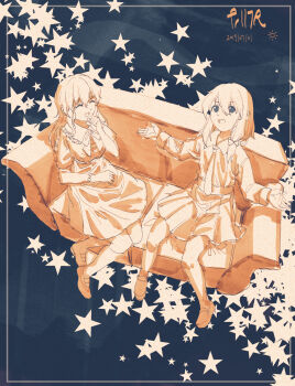 2girls :d ^_^ armlet artist_name blue_background bow bowtie closed_eyes coach collared_dress collared_shirt contrast_collar dated dress furahata_gen hair_between_eyes hair_bow highres jewelry laughing long_dress long_sleeves maribel_hearn medium_hair multiple_girls necktie no_headwear open_mouth outstretched_arms shirt shirt_tucked_in shoes short_hair short_sleeves sitting skirt sleeve_cuffs smile socks spread_arms star_(symbol) talking teeth touhou upper_teeth_only usami_renko white_bow white_bowtie white_socks