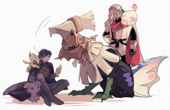 2boys 3rdk0n armor black_armor black_gloves blonde_hair blue_eyes blue_hair cape celebi espurr fire_emblem fire_emblem:_three_houses fish gen_2_pokemon gen_6_pokemon gen_7_pokemon gloves jeritza_von_hrym legendary_pokemon male_byleth_(fire_emblem) mask multiple_boys mythical_pokemon nintendo pokemon pokemon_(creature) pokemon_gsc pokemon_sm pokemon_xy ponytail red_cape simple_background sitting slurpuff type:_null white_background