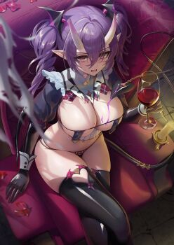 1girl alcohol ame_(uten_cancel) azur_lane black_gloves black_panties black_thighhighs blush breasts candle chair cleavage clothing_cutout commentary crossed_legs cup demon_girl demon_horns demon_tail drill_hair drinking_glass fangs from_above gloves gradient_horns hair_between_eyes head_wings heart_cutout highres holding holding_cup horns izumo_(azur_lane) large_breasts long_hair looking_at_viewer multicolored_horns on_chair oni open_mouth panties petals pointy_ears purple_eyes purple_hair purple_horns shrug_(clothing) skin-covered_horns skindentation solo symbol-only_commentary tail thighhighs thighs twin_drills underwear wine wine_glass wings