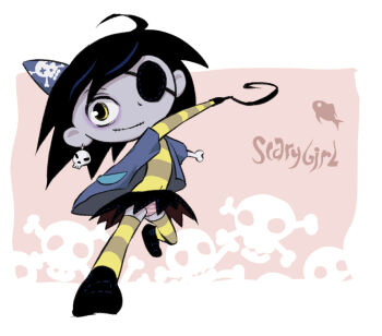 1girl ahoge animal black_hair black_shoes black_skirt blue_hat blue_jacket bone_print colored_skin earrings eyepatch fish flat_chest grey_skin hat hook_hand jacket jewelry k-nattoh loli long_sleeves missing_limb open_clothes open_jacket panties pink_background pink_panties pirate print_hat scarygirl_(character) scarygirl_(series) shirt shoes short_hair short_sleeves skirt skull_and_crossbones skull_earrings skull_print smile standing standing_on_one_leg stitched_mouth stitches striped_clothes striped_panties striped_shirt striped_thighhighs thighhighs underwear wind wind_lift yellow_eyes yellow_shirt yellow_thighhighs zombie