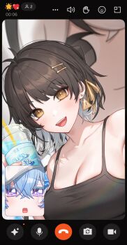 3girls antenna_hair bare_shoulders black_hair black_tank_top blue_hair blush breasts camellya_(wuthering_waves) camellya_mascot_(meme) cleavage collarbone colored_inner_hair commentary cup disposable_cup drinking_straw earrings fake_phone_screenshot fake_screenshot female_rover_(wuthering_waves) hair_between_eyes hair_intakes hair_ribbon highres holding holding_cup jewelry large_breasts looking_at_viewer meme multicolored_hair multiple_girls open_mouth purple_eyes revision ribbon rover_(wuthering_waves) shorekeeper_(wuthering_waves) smile symbol-only_commentary tank_top tearing_up triangle_earrings video_call white_hair wuthering_waves yellow_eyes yellow_ribbon zua_(2vziu)