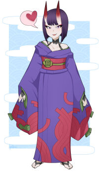 Rule 34 | 1girl, artist name, bob cut, cloud background, fangs, fate/grand order, fate (series), full body, gallaxi, heart, horns, japanese clothes, kimono, looking at viewer, obi, oni, pale skin, purple eyes, purple hair, purple kimono, red horns, sandals, sash, short hair, shuten douji (fate), signature, smile, smug, solo, speech bubble, spoken heart, standing, wide sleeves, zouri