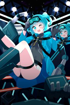 &gt;_&lt; 1girl adjusting_eyewear alternate_costume black_gloves black_leotard blue_boots blue_eyes blue_hair blue_jacket blush boots breasts chimi_(s2yuyukos2) commentary commission english_commentary gloves goggles goggles_on_head hand_on_eyewear highres jacket kawashiro_nitori leotard long_sleeves looking_at_viewer multiple_views number_tattoo one_eye_closed open_clothes open_jacket open_mouth smile sweat tattoo teeth thigh_strap touhou touhou_hero_of_ice_fairy two_side_up upper_teeth_only