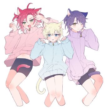 3boys :d ahoge animal_ears black_shorts blonde_hair blue_eyes blue_jacket cat_boy cat_ears cat_tail commentary_request cropped_legs fang high_collar highres idol_time_pripara jacket kemonomimi_mode long_sleeves looking_at_viewer male_focus mitaka_asahi multiple_boys one_eye_closed open_mouth pink_jacket pretty_series pripara purple_jacket red_hair short_hair shorts skin_fang sleeves_past_wrists smile tail takase_koyoi yumekawa_shogo yuno_(yu0u0_ppp)