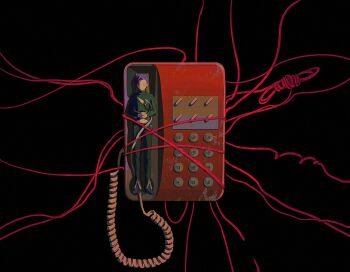 1boy black_background closed_eyes commentary freckles highres jojo_no_kimyou_na_bouken own_hands_together phone sang_(3soun) solo string sweater turtleneck turtleneck_sweater vento_aureo vinegar_doppio