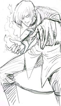 1boy fire formal_clothes long_sleeves looking_at_viewer male_focus medium_hair murata_yuusuke nebu_kuro pyrokinesis suit the_king_of_fighters yagami_iori