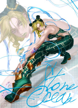 1girl absurdres braid braided_ponytail bun_with_braided_base butterfly_tattoo commentary copyright_name double_bun english_commentary gamin_aa green_eyes green_hair green_lips green_nails hair_bun highres jojo_no_kimyou_na_bouken kuujou_jolyne long_hair mixed-language_commentary multicolored_hair solo spider_web_print stone_ocean string tattoo two-tone_hair unraveling