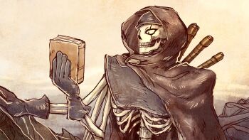 1other arm_at_side armor bagpipes book breastplate brown_cloak clear_sky cloak commentary dragon_quest dragon_quest_dai_no_daibouken extra_arms facing_to_the_side gloves grey_armor grey_gloves grey_helmet helmet highres holding holding_book hood hood_up horizon instrument looking_at_object outdoors rock rubble sepia skeleton skeleton_(dragon_quest) sky umi-be-to upper_body