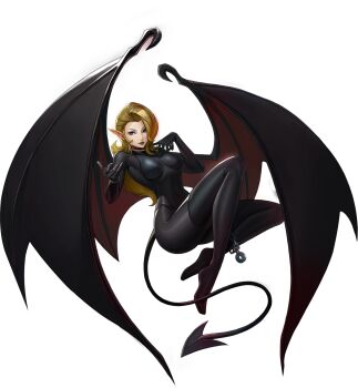 1girl artist_request black_bodysuit blonde_hair blue_eyes bodysuit breasts chain choker commentary covered_navel demon_(megami_tensei) demon_girl demon_tail demon_wings english_commentary grey_lips highres nut_(hardware) official_art persona persona_5 persona_5:_the_phantom_x pointy_ears shin_megami_tensei solo succubus_(megami_tensei) tail third-party_source transparent_background twirling_hair wings