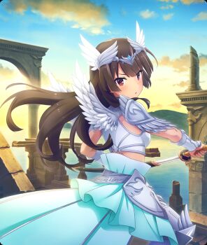 Rule 34 | 1girl, aqua skirt, arch, armor, blue gemstone, blue sky, blunt ends, blush, breastplate, breasts, brown hair, circlet, cloud, dot nose, drawing sword, feathered wings, from behind, game cg, gem, gradient sky, greaves, hip armor, holding, holding sword, holding weapon, juujou hiyori, katana, leg armor, long hair, long skirt, looking at viewer, looking back, midriff, morning, mountainous horizon, official art, outdoors, parted lips, red eyes, ruins, sheath, shoulder armor, skirt, sky, small breasts, solo, sun, sword, third-party source, toji no miko, toji no miko: kizamishi issen no tomoshibi, uneven footing, unsheathing, valkyrie, water, weapon, white wings, winged headwear, wings, yellow sky