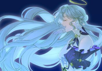 1girl bare_shoulders blue_hair braid choker closed_eyes commentary detached_sleeves dress feathered_wings from_side gloves hair_between_eyes hair_bun half_up_braid half_updo halo hand_on_own_chest hand_up head_wings honkai:_star_rail honkai_(series) jewel_under_eye long_hair mmm215mm open_mouth profile purple_background purple_choker purple_dress purple_sleeves robin_(honkai:_star_rail) short_sleeves simple_background smile solo star_(symbol) strapless strapless_dress upper_body white_gloves white_wings wings
