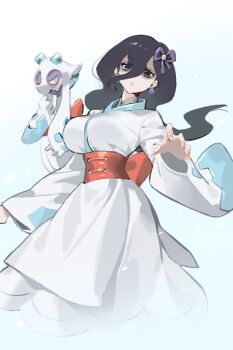 1girl alternate_costume bags_under_eyes black_hair blue_background blue_eyes breasts colored_sclera commentary corset earrings expressionless eyelashes feet_out_of_frame froslass gen_4_pokemon gradient_background hair_between_eyes hair_ribbon hex_maniac_(pokemon) hex_maniac_(pokemon_legends:_z-a) japanese_clothes jewelry kimono large_breasts long_hair long_hair_between_eyes long_sleeves looking_at_viewer nintendo obi orange_corset parted_lips pokemon pokemon_(creature) pokemon_legends:_z-a purple_eyes purple_ribbon raine_(acke2445) ribbon sash simple_background sphere_earrings standing symbol-only_commentary white_background white_kimono wide_sleeves yellow_sclera