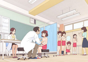1boy 6+girls analog_clock bow ceiling chair clock embarrassed flat_chest glasses hair_bow indoors infirmary kiyo_(kyokyo1220) kneeling lab_coat loli low_ponytail physical_examination medium_hair medium_skirt multiple_girls navel nipples original pencil_skirt ponytail red_bow red_shorts shoes shorts sitting skirt slippers socks standing stethoscope stool teacher topless_female twintails wooden_floor yellow_bow