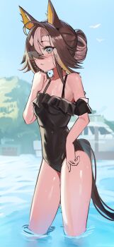 1girl ahoge animal_ears black_one-piece_swimsuit blue_eyes blurry blurry_background brown_hair commentary_request dream_journey_(umamusume) eyewear_strap glasses hair_bun hair_over_one_eye highres horse_ears horse_girl horse_tail multicolored_hair one-piece_swimsuit parted_lips revision single_hair_bun solo solokitsune streaked_hair swimsuit tail umamusume wading white_hair