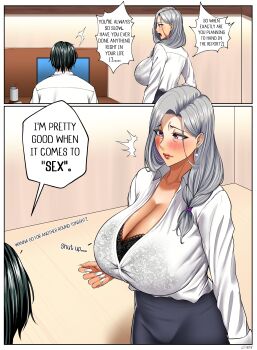 1boy 1girl 2koma absurdres black_bra black_hair black_skirt blush bra bra_peek bra_visible_through_clothes breasts button_gap cleavage collared_shirt comic dress_shirt earrings english_text grey_hair grey_nails hair_over_shoulder highres huge_breasts indoors jewelry lace lace-trimmed_bra lace_bra lace_trim lipstick long_hair long_sleeves makeup mature_female n0n_001 office office_lady original pencil_skirt purple_eyes red_lips shirt shirt_tucked_in skirt speech_bubble underwear white_shirt