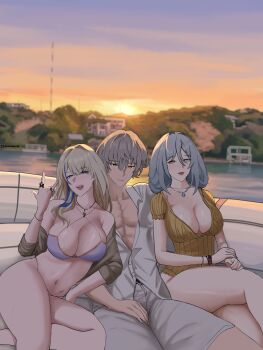 Rule 34 | 1boy, 2girls, absurdres, arm up, bare shoulders, bikini, blonde hair, blue eyes, blue hair, blurry, blurry background, bracelet, breasts, caelus (honkai: star rail), cleavage, commentary, crossed legs, english commentary, feet out of frame, ficoemirrio, grey eyes, grey hair, hanya (honkai: star rail), highres, honkai: star rail, honkai (series), jewelry, long hair, looking at viewer, medium breasts, multicolored hair, multiple girls, navel, necklace, one-piece swimsuit, open mouth, pants, parted lips, pink bikini, ring, serval landau, shirt, short hair, short sleeves, sitting, streaked hair, swimsuit, thighs, trailblazer (honkai: star rail), watch, white pants, white shirt, wristwatch, yellow eyes, yellow one-piece swimsuit