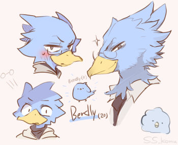 Rule 34 | 1boy, aged down, aged up, baby animal, beak, berdly (deltarune), bird, bird boy, black shirt, blue feathers, blush, character name, chick, coat, collared coat, commentary request, deltarune, english text, feathers, glasses, grey background, grey eyes, komugiko (bitte komu), looking at viewer, male focus, no eyewear, portrait, semi-rimless eyewear, shirt, simple background, smile, solo, sparkle, sweatdrop, turtleneck, turtleneck shirt, twitter username, under-rim eyewear, upper body, utdr (toby fox), white coat