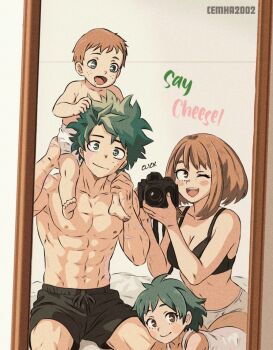 aged_up bare_shoulders boku_no_hero_academia bra brown_eyes brown_hair camera commentary couple english_commentary english_text family_photo father_and_child green_eyes green_hair hetero highres holding holding_camera midoriya_izuku mirror_selfie mother_and_child muscular muscular_male one_eye_closed panties scar scar_on_arm scar_on_face selfie shorts smile toddler toned toned_male topless_male underwear uraraka_ochako