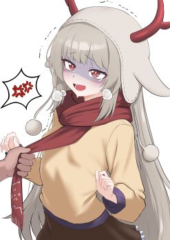 1girl absurdres anger_vein animal_ears animal_hood antlers blush breasts breath bright_pupils brown_skirt clothes_grab commentary_request deer_ears fake_animal_ears fake_antlers highres hood horns long_hair maplestory neckwear_grab oldsickkim open_mouth pom_pom_(clothes) red_eyes red_scarf reindeer_antlers reindeer_hood scarf scarf_grab shaded_face shirt skirt small_breasts spoken_anger_vein sweat sweater tearing_up trembling white_background white_pupils yellow_sweater