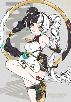 1girl absurdres alternate_hair_color awa_nori black_hair braid china_dress chinese_clothes chinese_commentary commentary_request dialyn_(zenless_zone_zero) dress earrings hair_extensions hair_ornament highres jewelry long_hair looking_at_viewer multicolored_hair open_mouth ring_hair_extensions smile solo twintails two-tone_hair white_hair yellow_eyes zenless_zone_zero