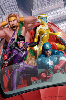 2boys 2girls aiming arrow_(projectile) avengers_(series) beard black_hair blue_bodysuit blue_eyes bodysuit bow_(weapon) bracelet braid brown_facial_hair brown_hair captain_america captain_america_(series) city clenched_teeth comic_cover commentary driving english_commentary facial_hair flying_car gloves green_sash hands_on_own_head hawkeye_(marvel) hazmat_(marvel) helmet hercules_(marvel) highres holding holding_bow_(weapon) holding_weapon jewelry kate_bishop looking_at_viewer marvel multiple_boys multiple_girls muscular muscular_male no_pupils official_art open_mouth parted_lips pink-tinted_eyewear purple_bodysuit quiver red_gloves sash short_hair signature sitting superhero_costume surprised teeth tinted_eyewear topless_male weapon yellow_bodysuit yellow_helmet yoon_junggeun