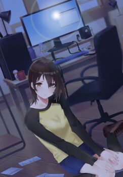 1girl ashtray black_sleeves black_socks blue_skirt bob_cut breasts brown_eyes brown_hair brown_shoes cable chaiijpg chair coffee_mug commentary computer computer_keyboard computer_tower cup dark denim denim_skirt desk desk_lamp dutch_angle eyelashes figure hair_between_eyes hands_on_lap hashtag-only_commentary head_tilt highres indoors kneehighs lamp lens_flare long_sleeves medium_hair microsoft_windows monitor mug nakahara_misaki nhk_ni_youkoso! office_chair paper pill_bottle raglan_sleeves shirt shoes skirt small_breasts socks solo speaker swivel_chair symbol-only_commentary two-tone_shirt window_(computing) windows_95 windows_classic yellow_shirt