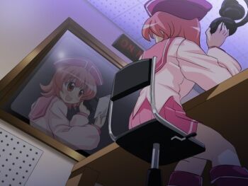 00s 1girl :d behoimi blush boots chair female_focus from_below hat indoors knee_boots on_chair open_mouth orange_hair pani_poni_dash! pink_shirt pink_skirt pleated_skirt recording_studio red_boots red_hair reflection sailor_collar sanshita shirt short_hair sitting skirt smile solo table unworn_headwear voicebooth