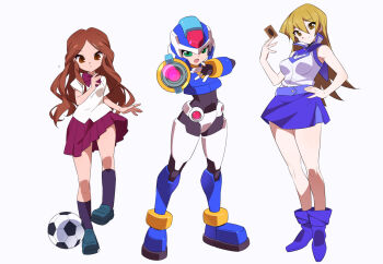 3girls aile_(mega_man_zx) aiming aiming_at_viewer arm_cannon armor black_bodysuit blue_armor blue_helmet blue_sky bodysuit boots bow bowtie breasts brown_eyes brown_hair card closed_mouth commentary_request crossover crotch_plate duel_academy_uniform_(yu-gi-oh!_gx) forehead_jewel greyscale group_picture hand_on_own_hip helmet holding holding_card inazuma_eleven inazuma_eleven_(series) kaidou_zx kobayashi_sanae light_trail long_hair looking_at_viewer medium_breasts mega_man_(series) mega_man_zx miniskirt model_x_(mega_man) monochrome multiple_crossover multiple_girls open_mouth pleated_skirt purple_skirt raimon_natsumi school_uniform shirt shoes short_sleeves simple_background skirt sky sleeveless sleeveless_shirt smile standing tenjouin_asuka trading_card vest voice_actor_connection weapon white_background white_shirt yu-gi-oh! yu-gi-oh!_gx