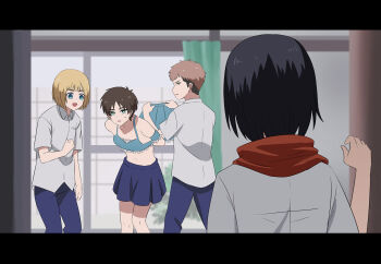 Rule 34 | 1girl, 3boys, adjusting clothes, alternate universe, armband, armin arlert, black hair, blue bra, blue eyes, bob cut, bra, brown hair, commentary request, crossdressing, crossdressing (mtf), curtains, danshi koukousei no nichijou, eren yeager, highres, jean kirstein, letterboxed, mikasa ackerman, miniskirt, multiple boys, navel, parody, pleated skirt, red scarf, scarf, school uniform, shingeki no kyojin, skirt, toubun teikou, undercut, underwear, walk-in
