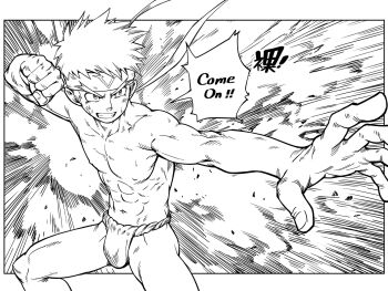 1boy abs clenched_hand english_text fundoshi headband highres japanese_clothes male_focus monochrome nipples original pectorals rokushaku_fundoshi short_hair solo toned toned_male topless_male xireeeeee