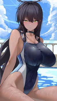 1girl absurdres black_choker black_hair black_halo blue_archive blue_one-piece_swimsuit blue_sky breasts choker commentary_request competition_swimsuit dark-skinned_female dark_skin halo highres huge_breasts karin_(blue_archive) katagiri_nanoka long_hair looking_at_viewer one-piece_swimsuit poolside school_swimsuit sky solo swimsuit thighs very_long_hair wet yellow_eyes