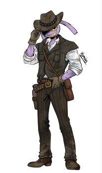 1boy animal_ears belt black_eyes boots bullet colored_sclera colored_skin colored_teeth cowboy_boots cowboy_hat dirty dirty_clothes dirty_footwear furry gloves grid_teeth hat highres holster jax_(the_amazing_digital_circus) looking_at_viewer momoku1023 overalls rabbit_boy rabbit_ears shirt smile teeth the_amazing_digital_circus yellow_sclera yellow_teeth