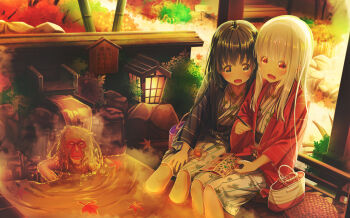 2girls aiuabo autumn_leaves bag bamboo blush brown_eyes brown_hair feet_in_water female_focus highres holding holding_pencil japanese_clothes japanese_macaque lantern leaf long_hair monkey multiple_girls onsen open_mouth original pencil red_eyes sitting steam tagme white_hair