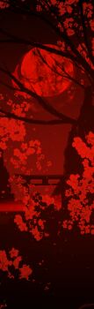 architecture branch cherry_blossoms dark east_asian_architecture highres landscape moon night original red_moon red_theme rune_xiao scenery sky torii tree
